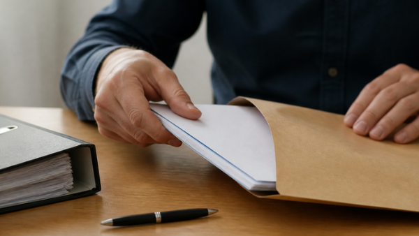 Un protecteur familial glisse son dossier de compte de gestion dans une enveloppe