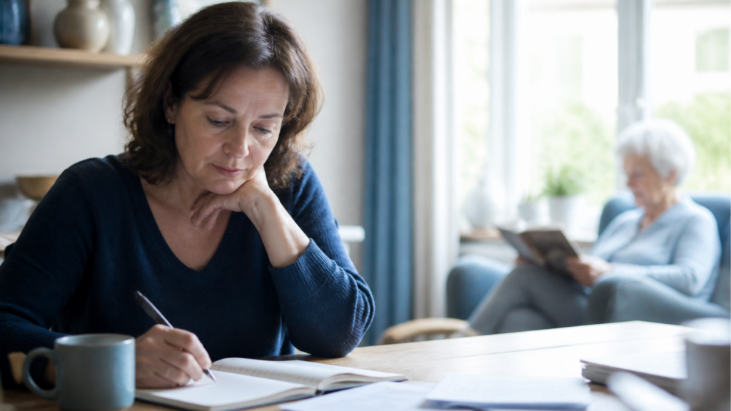 Une femme réfléchit et prend des notes tandis que sa mère âgée lit à l’arrière-plan