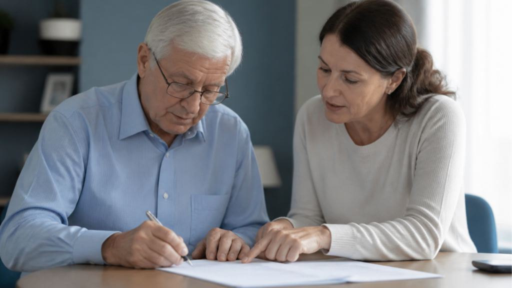 Un homme âgé signe un document, accompagné par sa fille