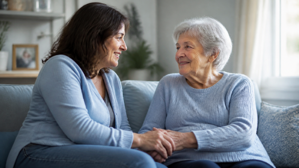 Une fille rend visite à sa mère âgée et lui tient la main