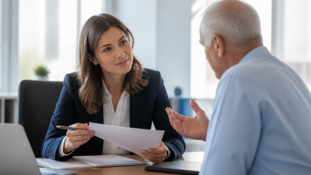 une professionnelle et un homme âgé qui donne son avis.